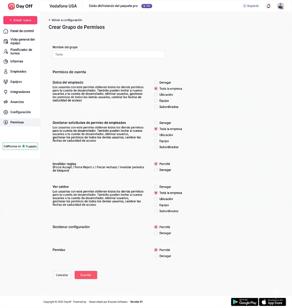 Pantalla de Day Off mostrando roles, permisos y niveles de acceso para administrar usuarios dentro de la empresa