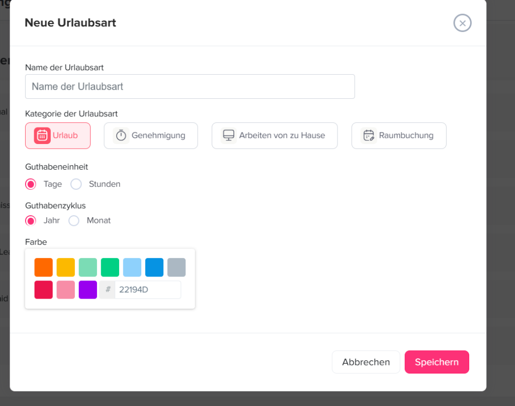 „Seite in Day Off zum Hinzufügen einer Abwesenheitsart mit Auswahl von Farbe, Kategorie und Einheit.“