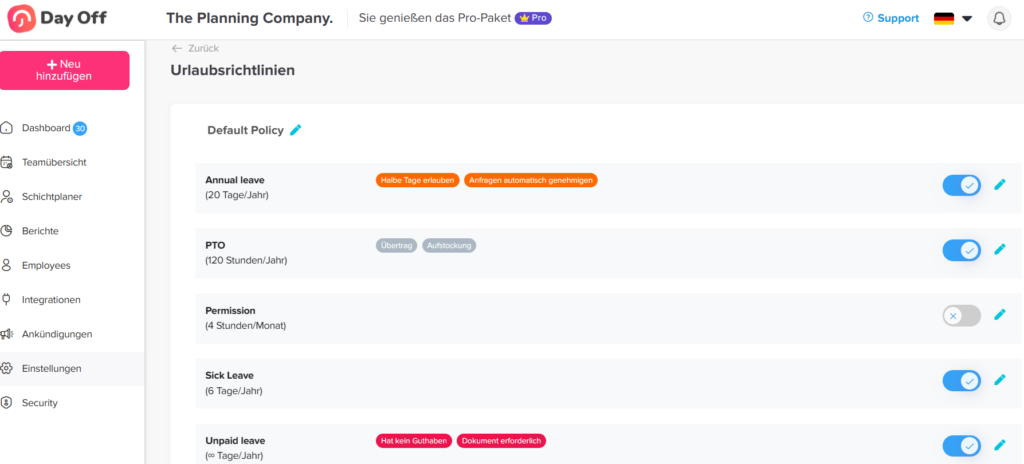 „Urlaubsrichtlinie in Day Off mit aktivierten Abwesenheitsarten.“