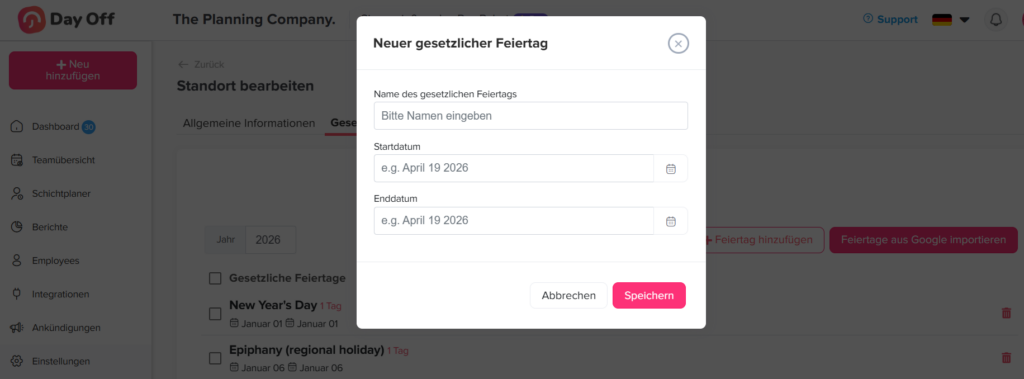 „Seite in Day Off zum manuellen Hinzufügen von Feiertagen für einen Standort.“