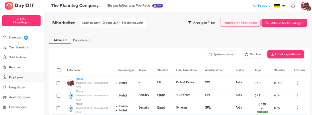 „Mitarbeiterübersicht in Day Off mit Liste aller Teammitglieder.“