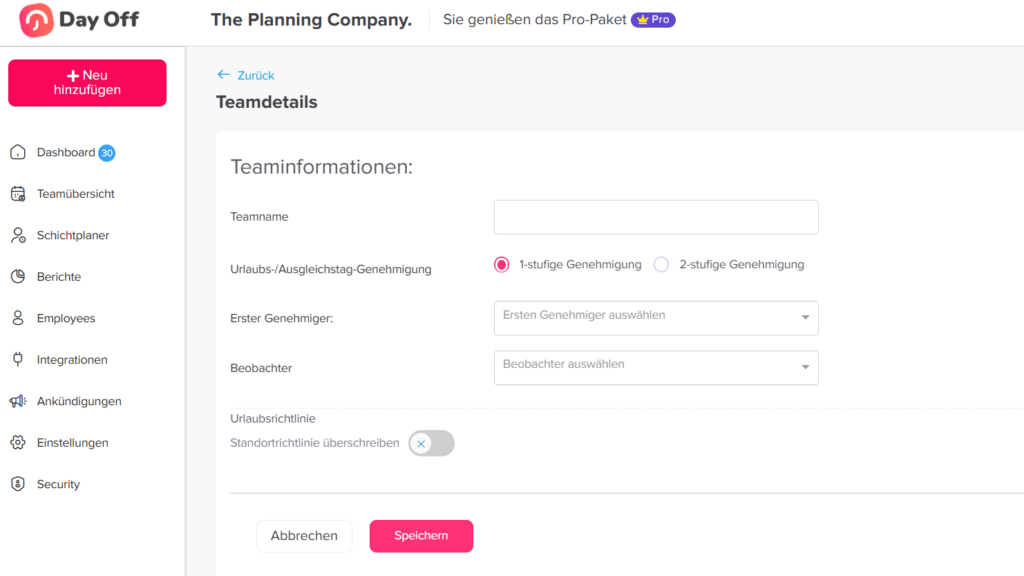 „Seite in Day Off zum Hinzufügen neuer Teams.“