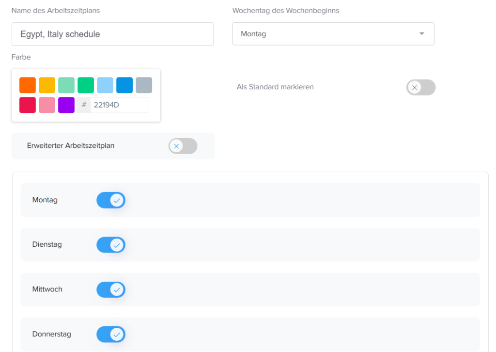 „Seite in Day Off zum Hinzufügen von Arbeitszeitplänen.“