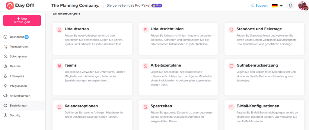 „Einstellungsseite in Day Off mit verschiedenen Konfigurationsoptionen.“