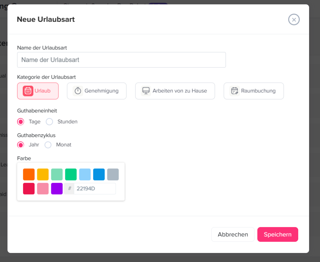 „Seite in Day Off zum Hinzufügen neuer Abwesenheitsarten.“