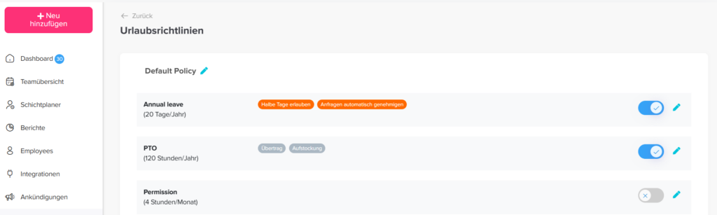 „Seite in Day Off zur Aktivierung von Abwesenheitsarten.“