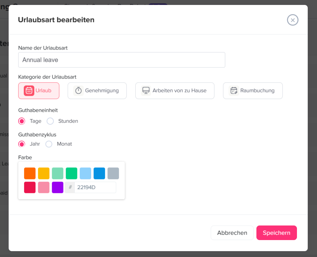 „Einstellungsbereich der Day Off App mit Optionen zur Aktivierung und Verwaltung verschiedener Abwesenheitsarten.“