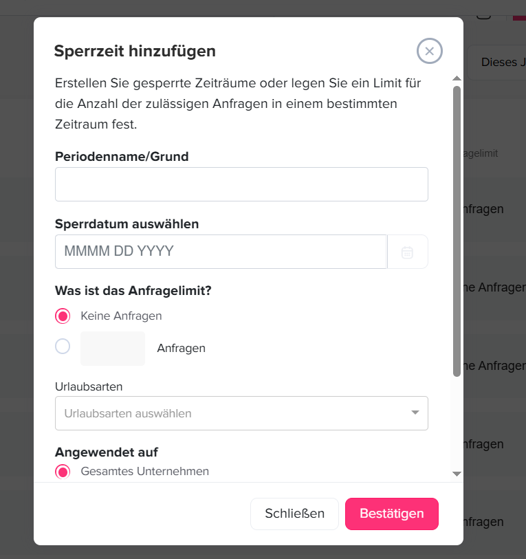 „Seite in Day Off zum Hinzufügen von Blackout-Zeiträumen.“