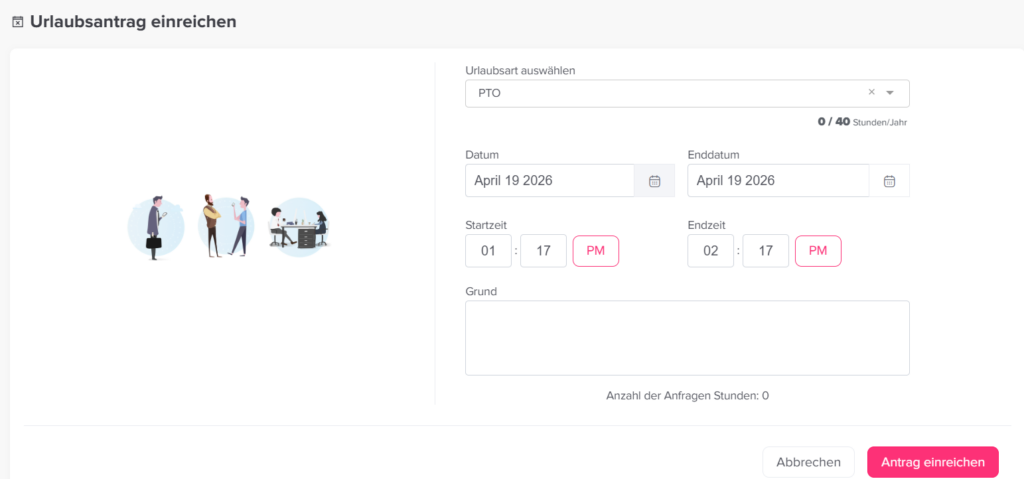 „Formular zum Einreichen einer Urlaubsanfrage in Day Off.“