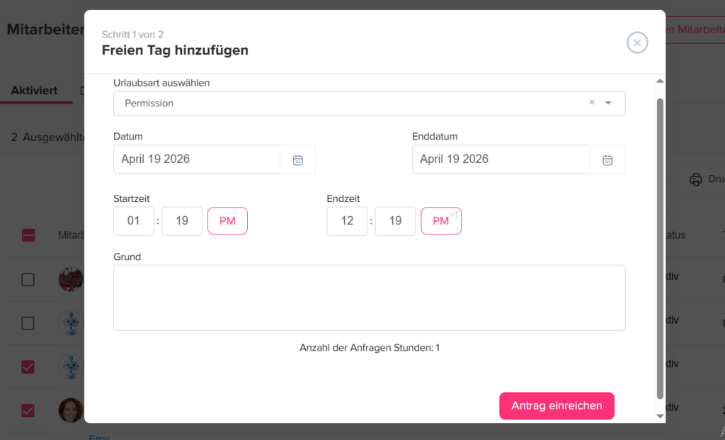 „Formular in Day Off zum Einreichen einer stundenbasierten Abwesenheitsanfrage.“