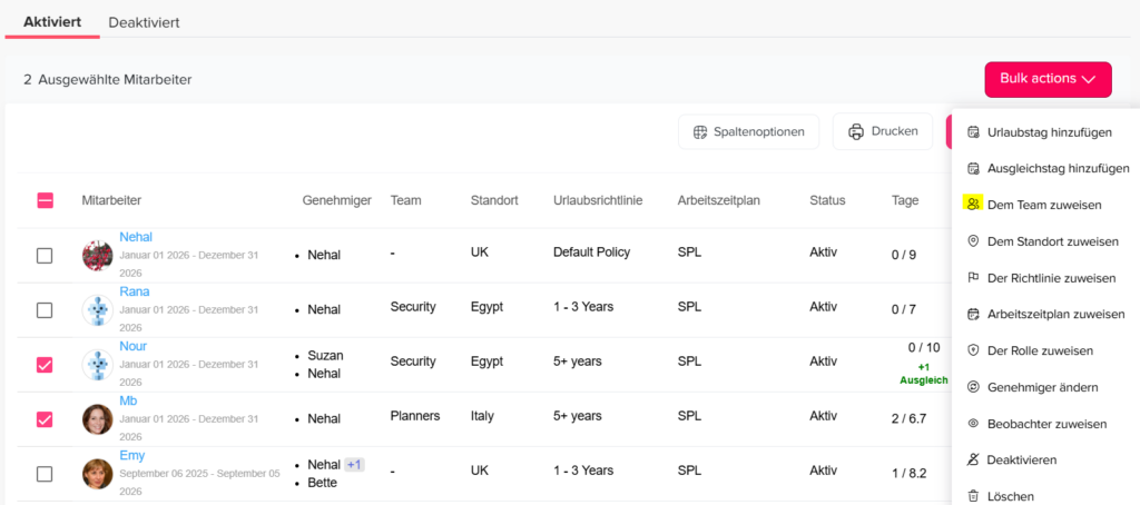 “Employees page in Day Off leave management system showing a list of staff and a bulk actions feature to edit or assign settings to multiple employees simultaneously.”