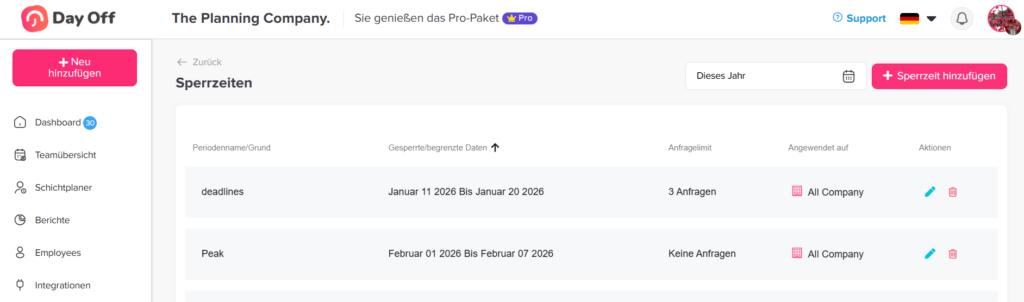 „Bereich im Day Off Urlaubsverwaltungssystem zur Anzeige und Verwaltung von Zeiträumen, in denen Abwesenheiten eingeschränkt sind.“