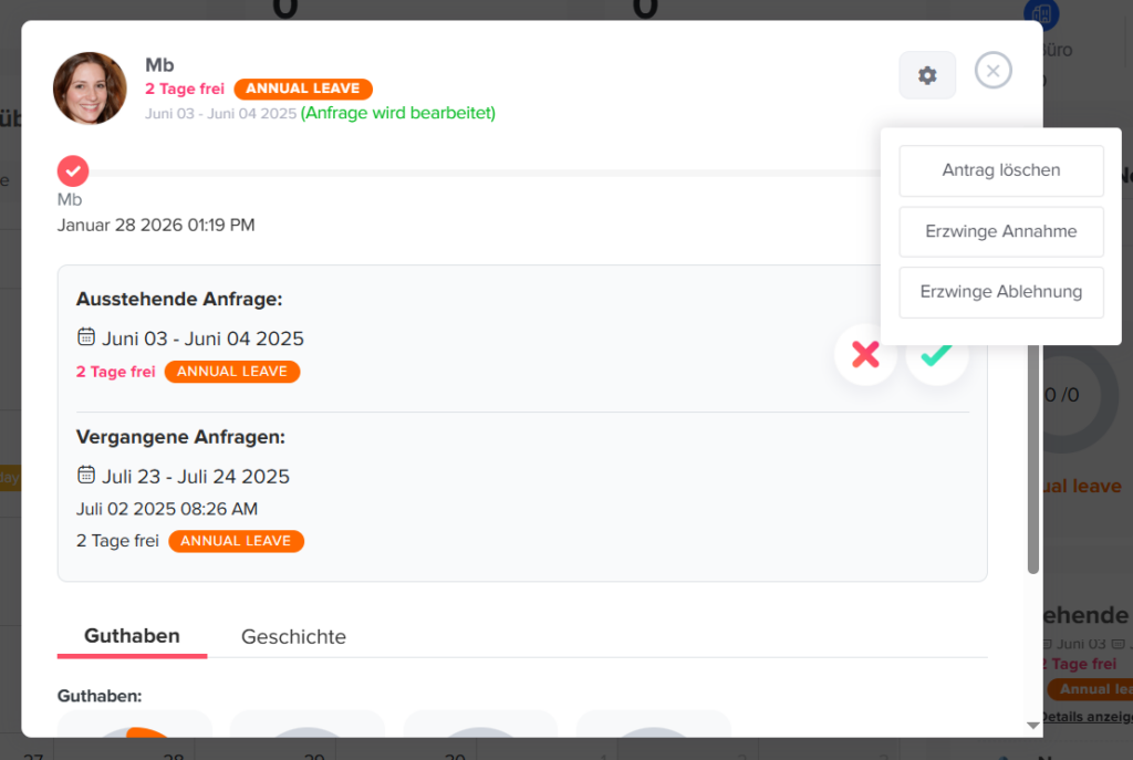 „Admin-Berechtigung in Day Off zum Erzwingen der Genehmigung oder Ablehnung einer Urlaubsanfrage.“