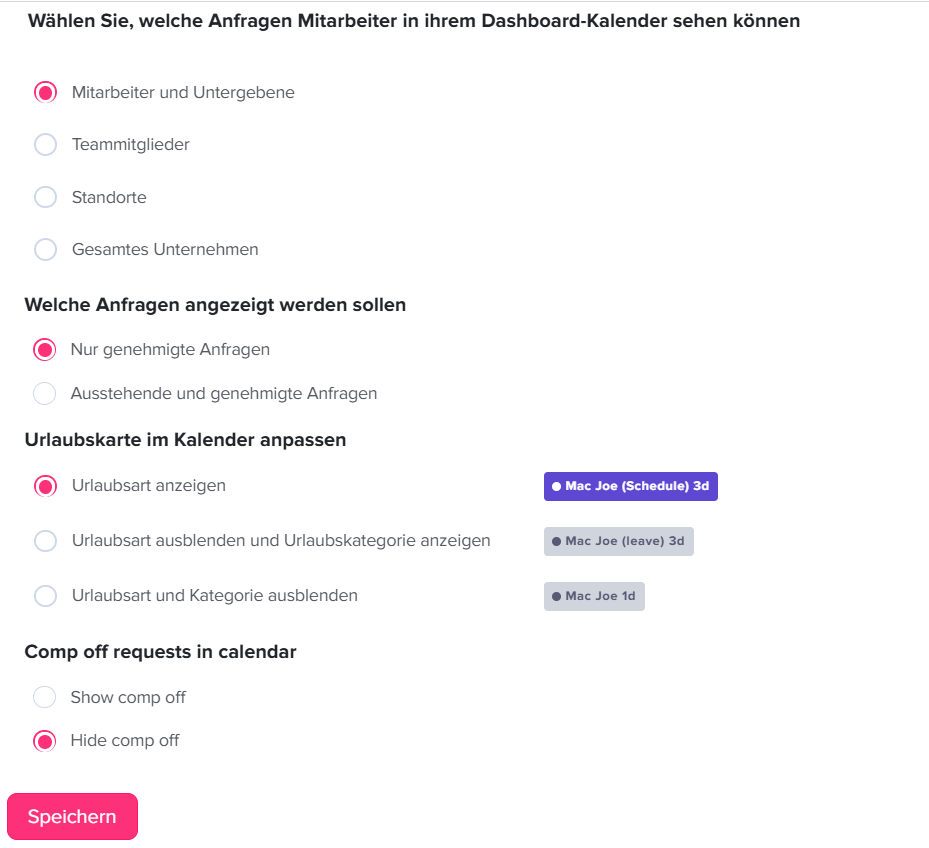 „Dashboard-Ansicht der Day Off App mit Kalendereinstellungen, einschließlich Konfiguration von Feiertagen, Arbeitszeiten und Anzeigeoptionen.“