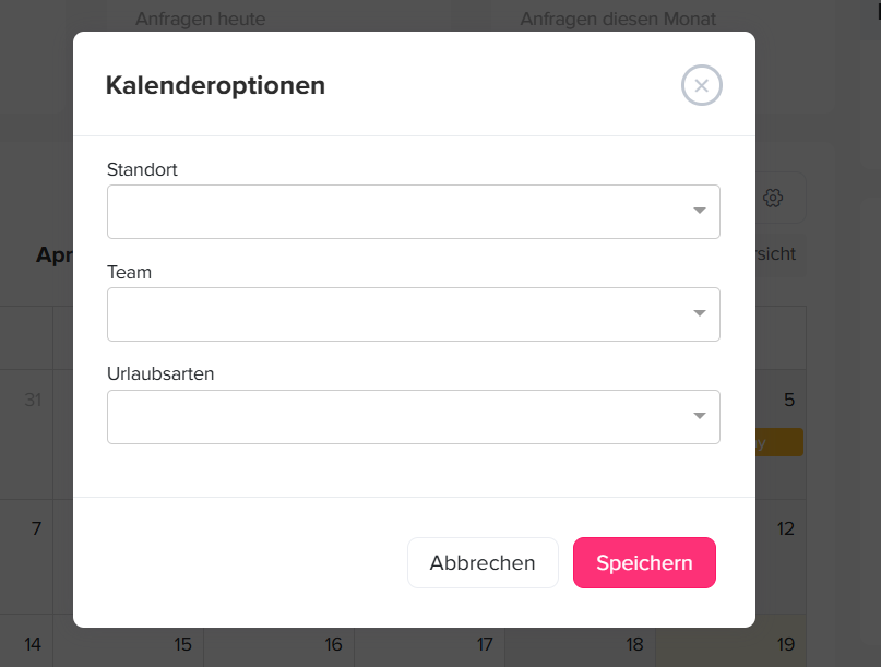 „Filteroptionen im Dashboard-Kalender von Day Off zur Anzeige von Abwesenheiten nach Team, Mitarbeiter oder Zeitraum.“