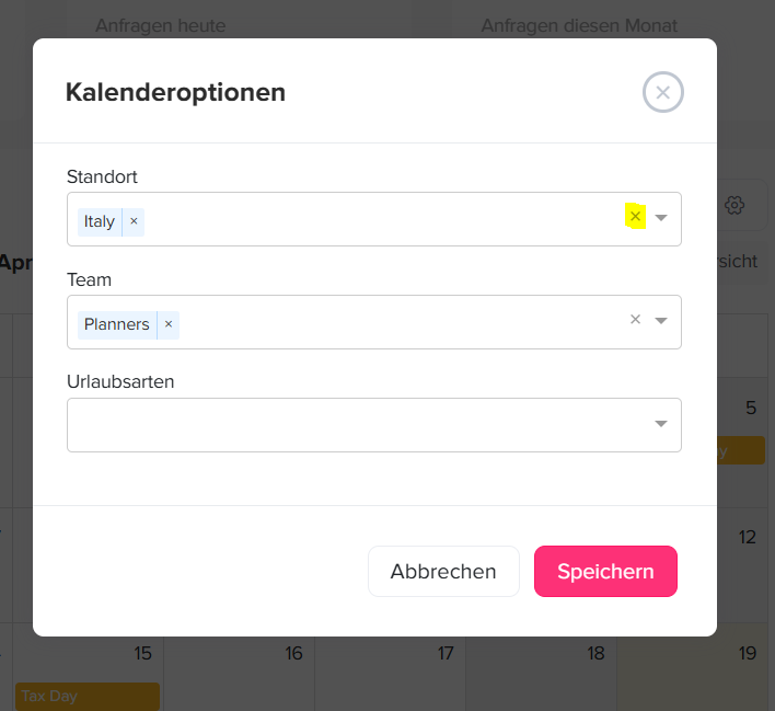 „Kalender im Day Off Urlaubsverwaltungssystem mit Filterfunktionen, um Abwesenheiten nach verschiedenen Kriterien wie Team oder Zeitraum zu sortieren.“