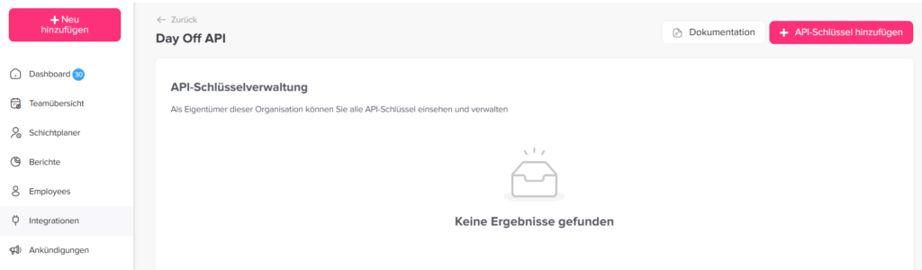 „API-Integration in Day Off zur Verbindung mit externen Systemen und Diensten.“