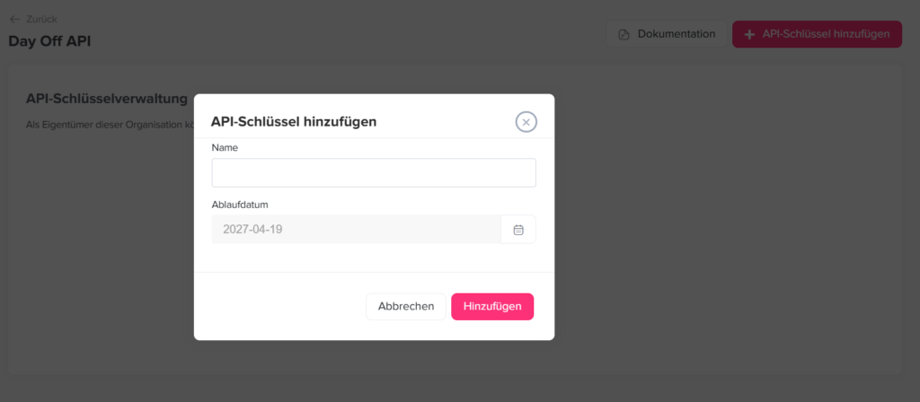 „Einstellungsseite der Day Off App mit API-Integration zur Anbindung externer Systeme und zum Datenaustausch.“