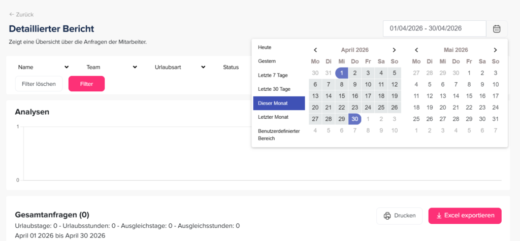 „Seite für Berichte im Day Off Urlaubsverwaltungssystem mit einer Übersicht über alle Urlaubsanfragen und deren Status, Zeiträume und Mitarbeiterdetails.“