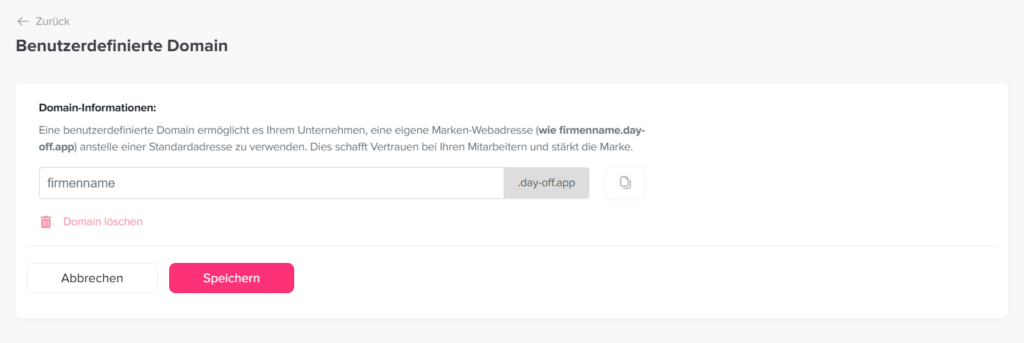 „Einstellungen für eine benutzerdefinierte Domain in Day Off.“