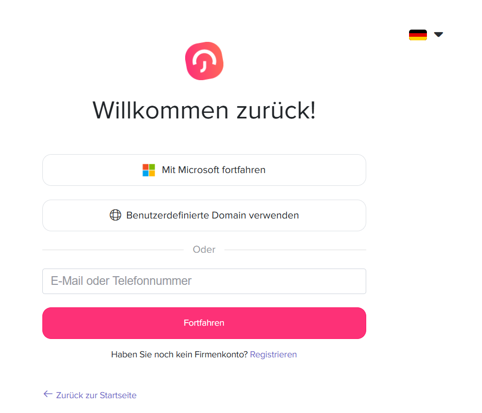 Screenshot einer deutschen Login-Seite mit der Überschrift „Willkommen zurück!“, Optionen zum Fortfahren mit Microsoft oder einer benutzerdefinierten Domain sowie einem Eingabefeld für E-Mail oder Telefonnummer und einem „Fortfahren“-Button.