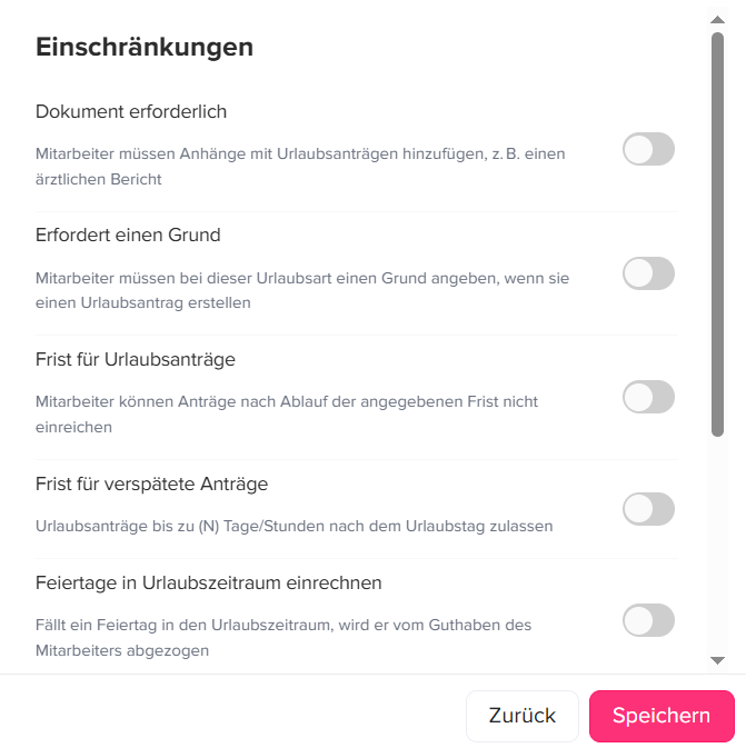 Einstellungsseite mit Optionen für Dokumentpflicht, erforderlichen Grund, Fristen für Urlaubsanträge und verspätete Einreichung sowie Anrechnung von Feiertagen.