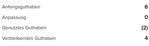 Anzeige des Urlaubsguthabens mit Anfangsguthaben, Anpassung, genutzten und verbleibenden Tagen.