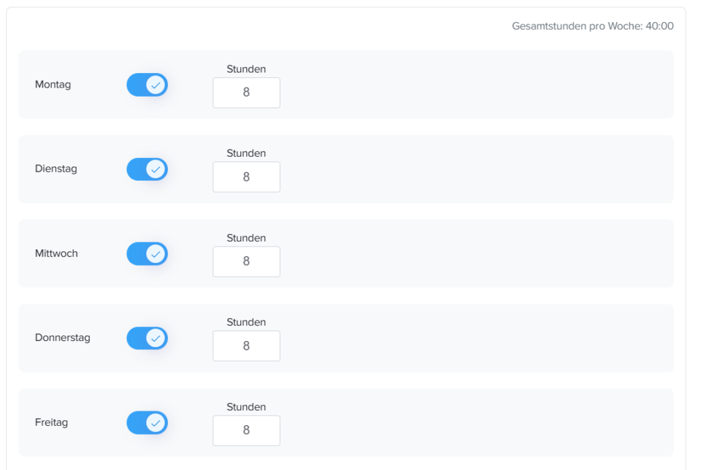 Übersicht eines Wochenarbeitsplans mit aktivierten Wochentagen und festen Stundenangaben pro Tag sowie Gesamtstundenanzeige.