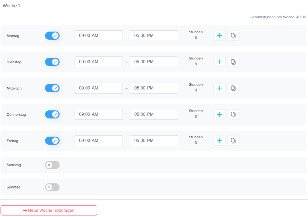 Übersicht eines wöchentlichen Arbeitszeitplans mit aktivierten Arbeitstagen, Zeitfeldern für Beginn und Ende, Stundenangaben sowie Optionen zum Hinzufügen weiterer Zeiten oder Wochen.