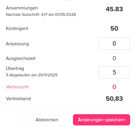 Ansicht zur Bearbeitung des Urlaubssaldos mit Angaben zu Kontingent, Anpassung, Übertrag, verbrauchten und verbleibenden Tagen sowie Buttons zum Speichern oder Abbrechen.