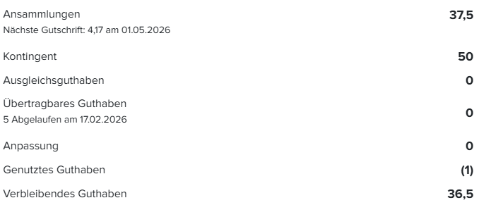 Übersicht des Urlaubsguthabens mit Ansammlungen, Kontingent, Übertrag, Anpassung, genutzten und verbleibenden Tagen.