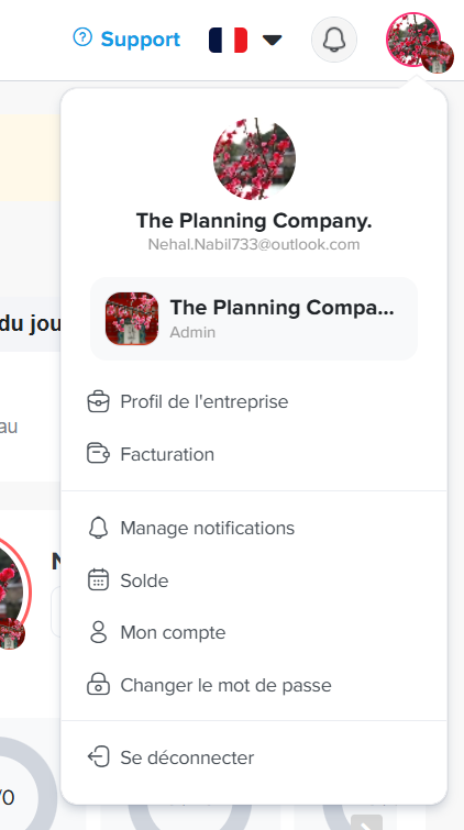 Menu déroulant du profil utilisateur affichant les informations de l’entreprise The Planning Company avec options telles que profil de l’entreprise, facturation, gestion des notifications, solde, paramètres du compte, changement de mot de passe et déconnexion.