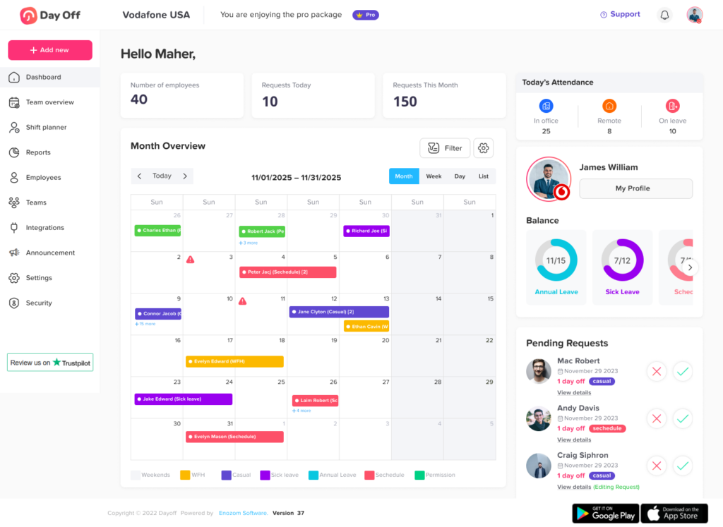 Dashboard for managing employee time off with calendar view and leave tracking