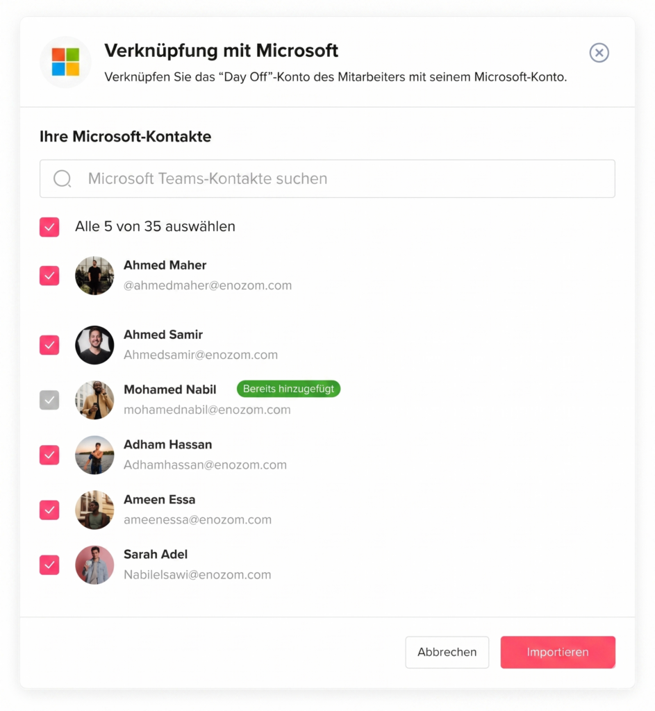 Screenshot eines Dialogfensters zur Verknüpfung mit Microsoft, in dem eine Liste von Microsoft-Teams-Kontakten mit Auswahlkästchen angezeigt wird. Mehrere Kontakte sind ausgewählt, einer ist als „Bereits hinzugefügt“ markiert. Oben befindet sich eine Suchleiste, unten die Buttons „Abbrechen“ und „Importieren“.