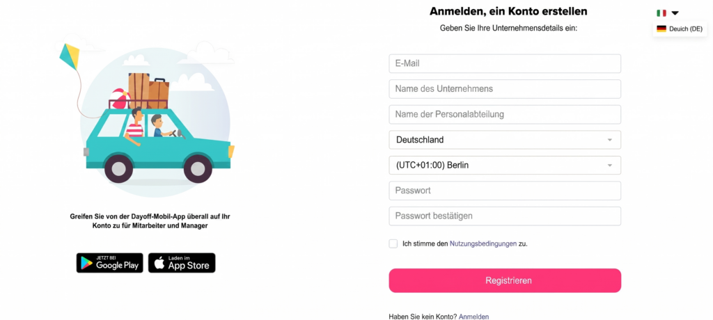 „Registrierungsseite in Day Off zur Erstellung eines neuen Firmenkontos.“