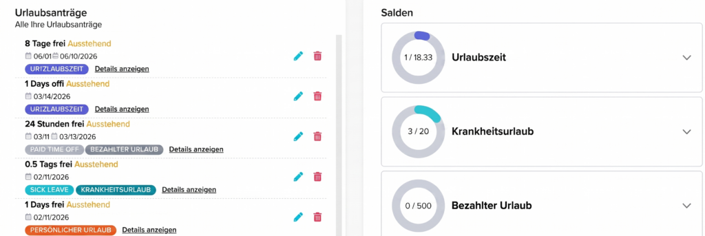 Detailansicht des Urlaubssaldos mit Zuwachs, Kontingent, übertragenem Saldo, genutzten und verbleibenden Tagen sowie Fortschrittsanzeige.
