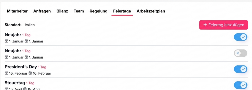 Einstellungsseite zur Verwaltung von Feiertagen mit Liste von Feiertagen, Standortangabe und Optionen zum Hinzufügen oder Aktivieren.