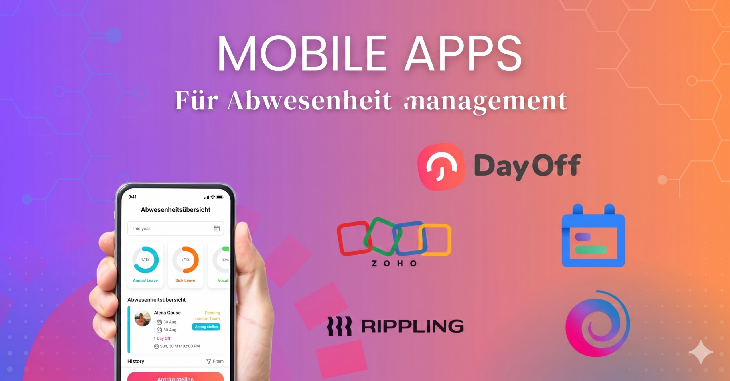 Grafik mit dem Titel „Mobile Apps für Abwesenheitsmanagement“, zeigt eine Smartphone-App für Urlaubsverwaltung sowie Logos von Day Off, Zoho und Rippling auf farbigem Hintergrund