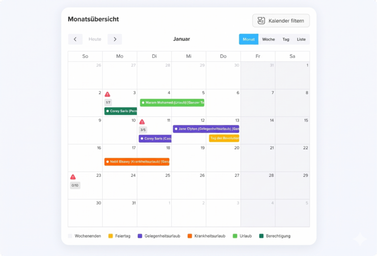 „Mitarbeiterseite im Day Off Urlaubsverwaltungssystem mit einer Liste von Angestellten und einer Sammelaktionsfunktion, um Einstellungen für mehrere Mitarbeiter gleichzeitig zu bearbeiten.“