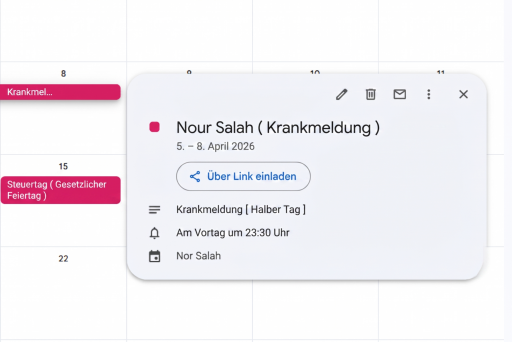 „Integrationsansicht im Day Off Urlaubsverwaltungssystem mit Optionen zur Verbindung mit Google Kalender für die Synchronisierung von Abwesenheiten.“