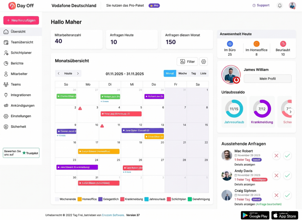 „Dashboard-Kalender in Day Off mit Übersicht über Abwesenheiten und Teamtermine.“