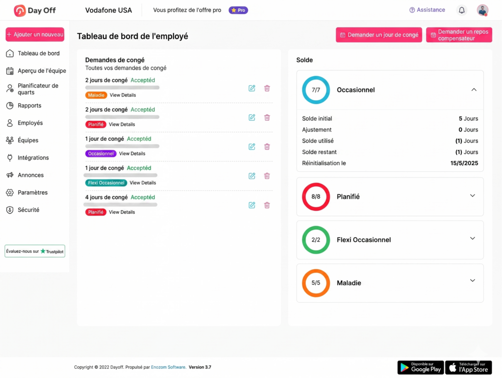 Interface du tableau de bord employé affichant les demandes de congé récentes avec leurs statuts (accepté, planifié, maladie), ainsi qu’un aperçu du solde des congés par catégorie incluant occasionnel, planifié, flexi occasionnel et maladie avec les jours disponibles et utilisés.