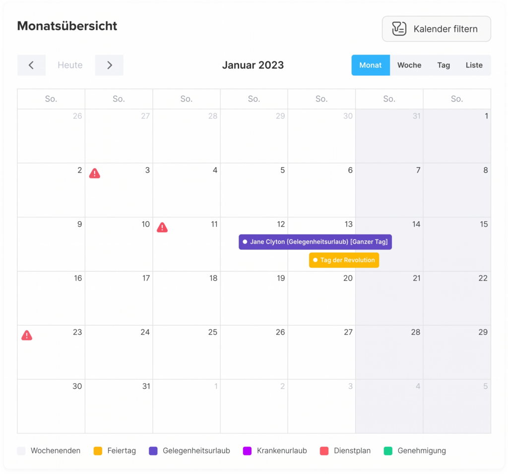 Kalenderansicht für Januar 2023 mit Terminen, Feiertagen und Markierungen in einer Monatsübersicht.