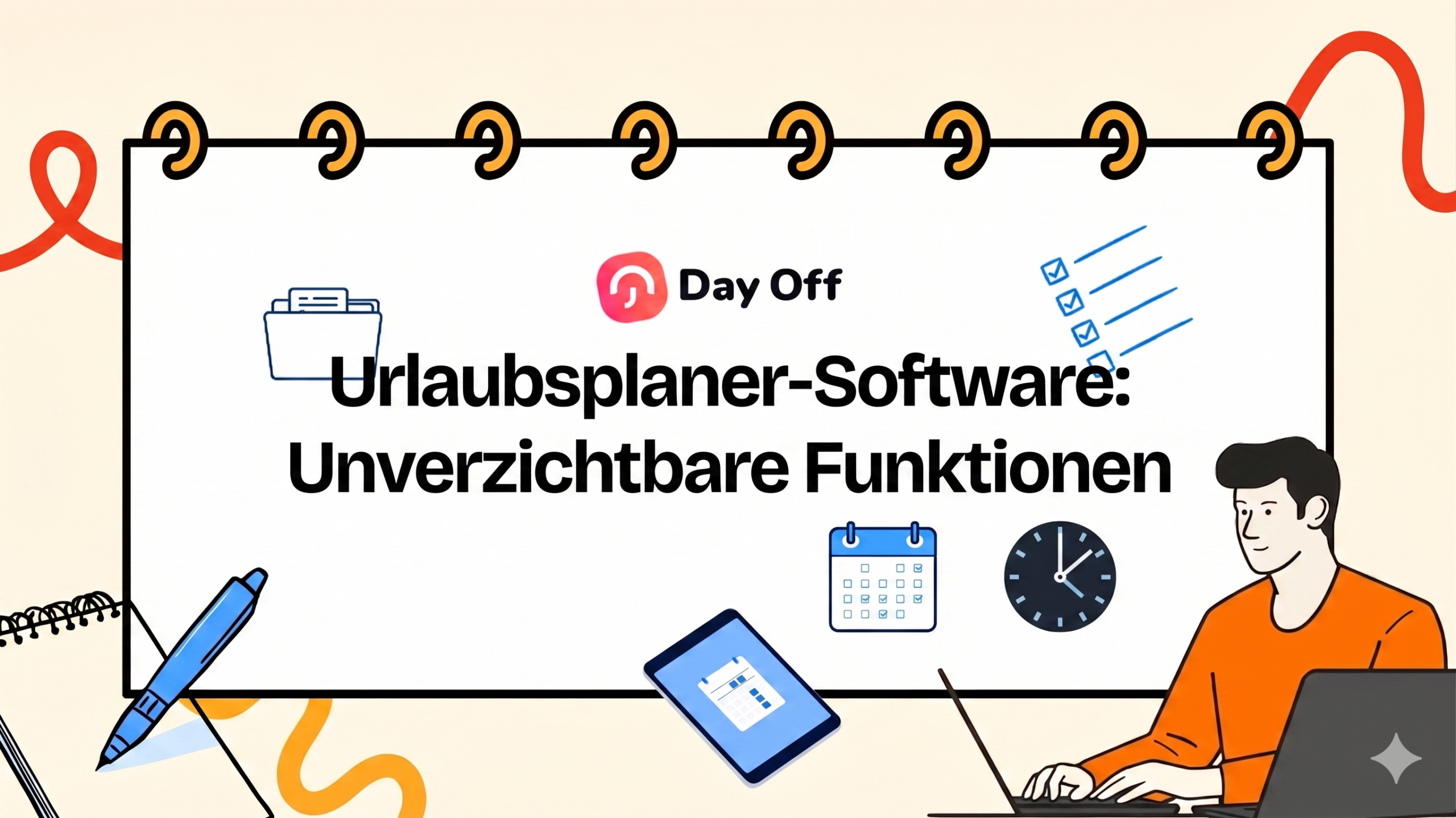 Illustration eines Werbebanners von Day Off mit dem Titel „Urlaubsplaner-Software: Unverzichtbare Funktionen“, umgeben von Symbolen wie Kalender, Checkliste und Uhr sowie einer Person, die am Laptop arbeitet.