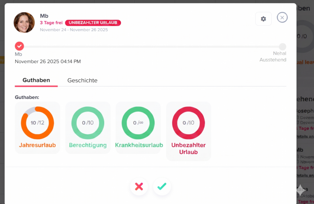 „Eingereichte Urlaubsanfrage im Day Off System mit Details zum Mitarbeiter und Zeitraum.“