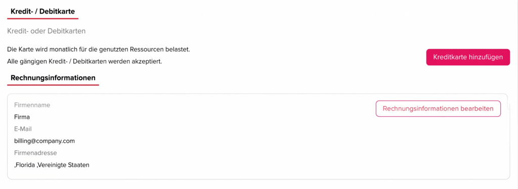 Einstellungsseite für Kredit- oder Debitkarten mit Rechnungsinformationen und Optionen zum Bearbeiten oder Hinzufügen einer Kreditkarte.