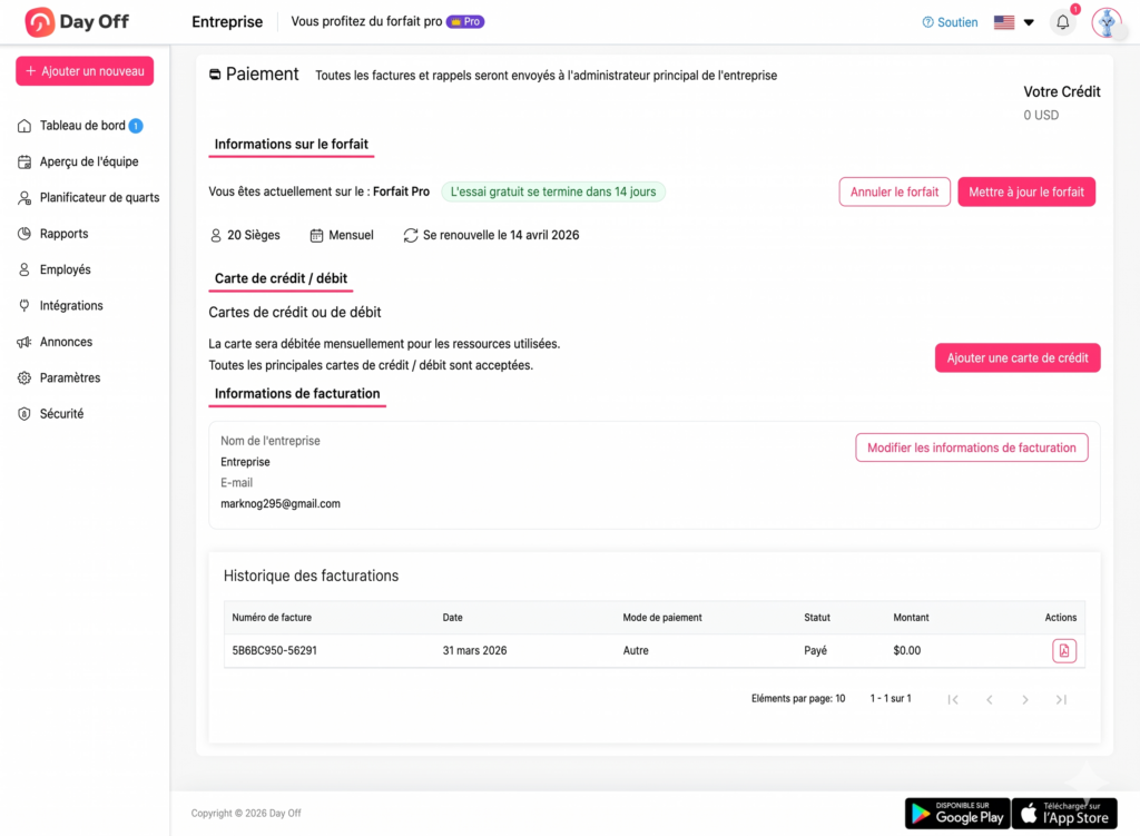 Interface de gestion affichant les informations de paiement d’une entreprise, incluant le forfait Pro actif avec période d’essai, les options de mise à jour ou d’annulation, les sections carte de crédit, informations de facturation et un tableau de l’historique des factures avec statuts et montants.