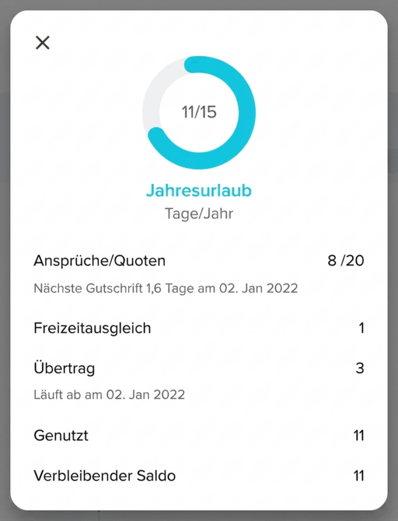 Popup mit Übersicht zum Jahresurlaub, inklusive genutzter und verbleibender Tage, Ansprüche, Übertrag und Fortschrittsanzeige.