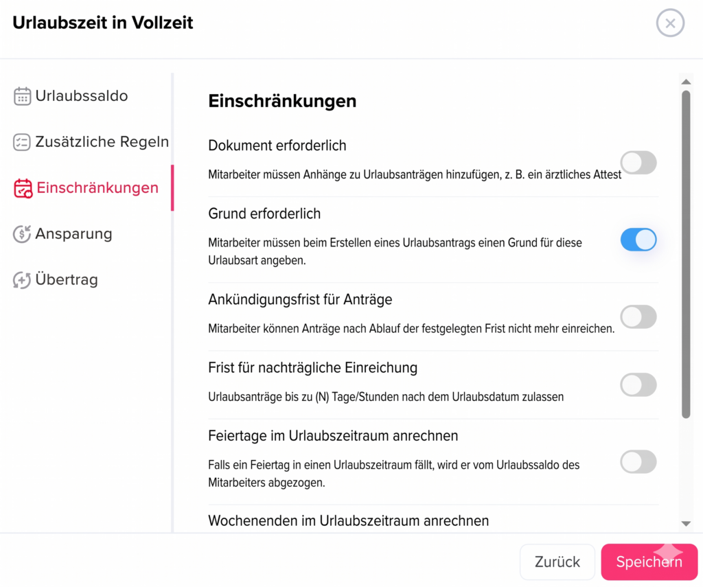 Einstellungsansicht für Einschränkungen einer Urlaubsrichtlinie mit Optionen wie Dokumentpflicht, Begründung, Ankündigungsfrist und Anrechnung von Feiertagen.