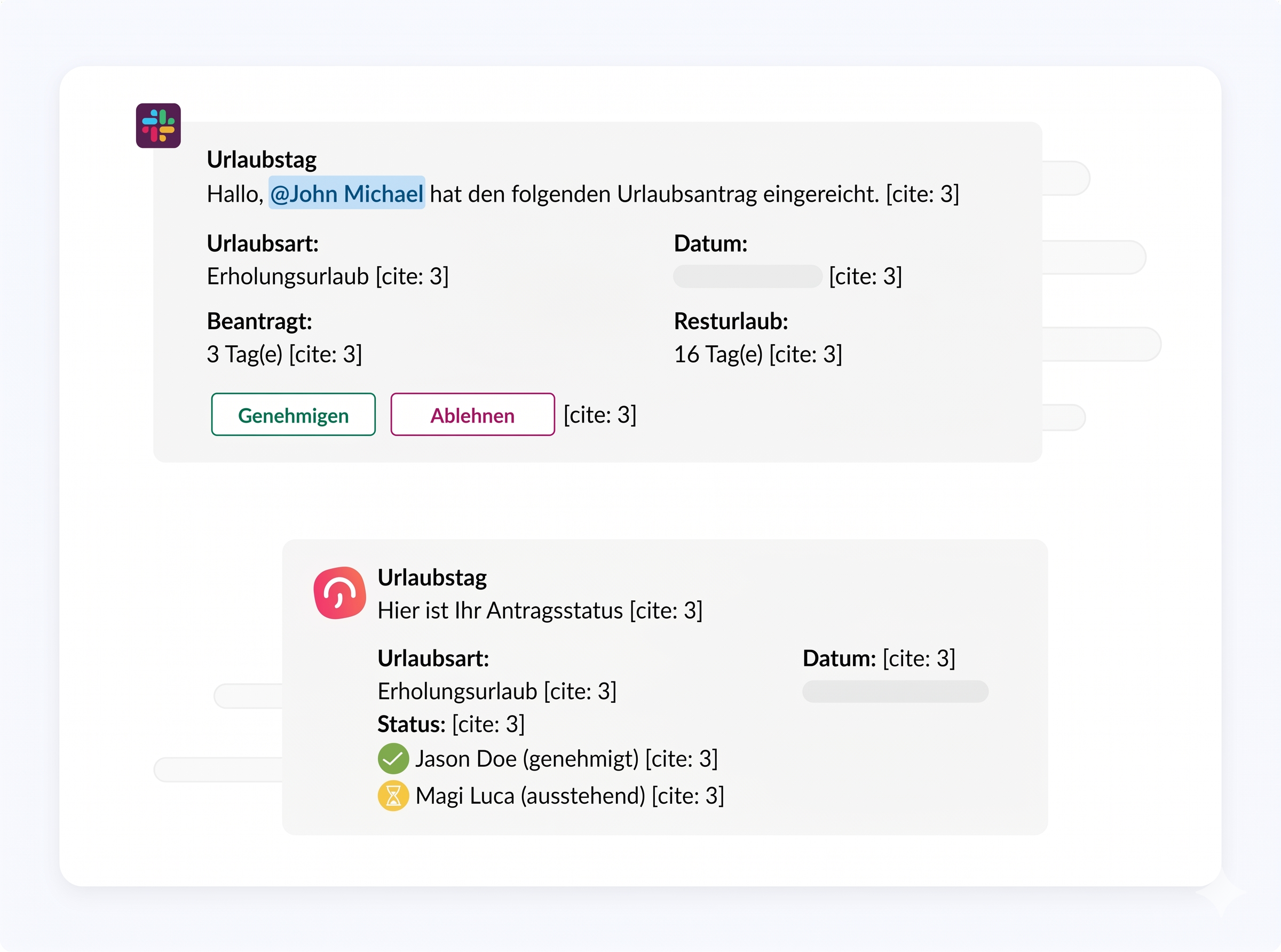 Benachrichtigung eines Urlaubsantrags in einer App mit Details wie Urlaubsart, beantragte Tage und Resturlaub sowie Buttons zum Genehmigen oder Ablehnen; darunter eine Statusübersicht mit genehmigten und ausstehenden Anfragen.